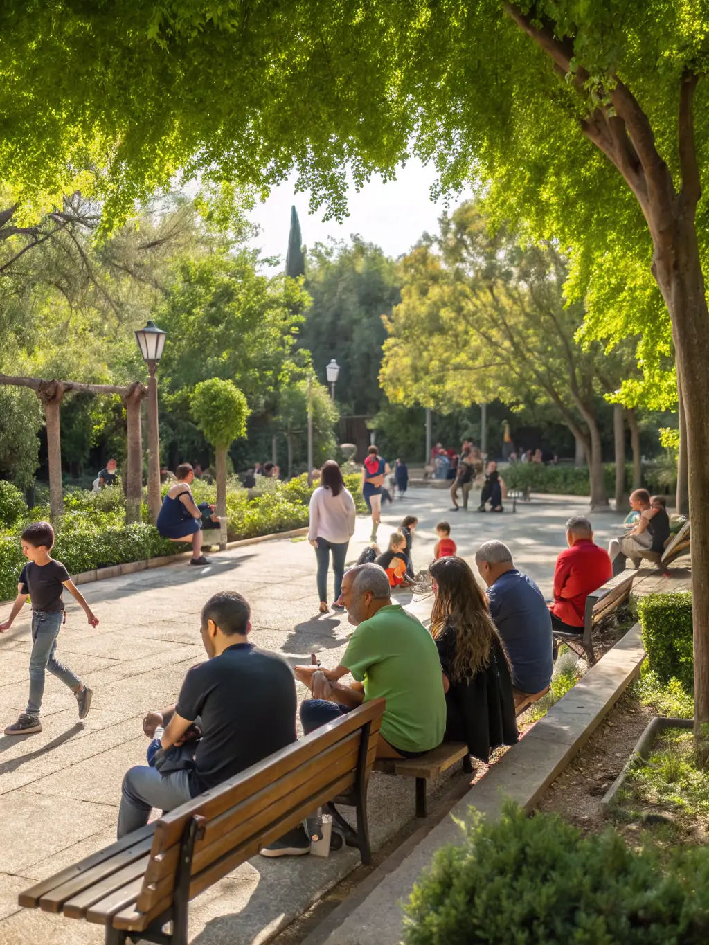 A diverse group of people enjoying a sunny day in a park in Granada, representing the city's high quality of life.