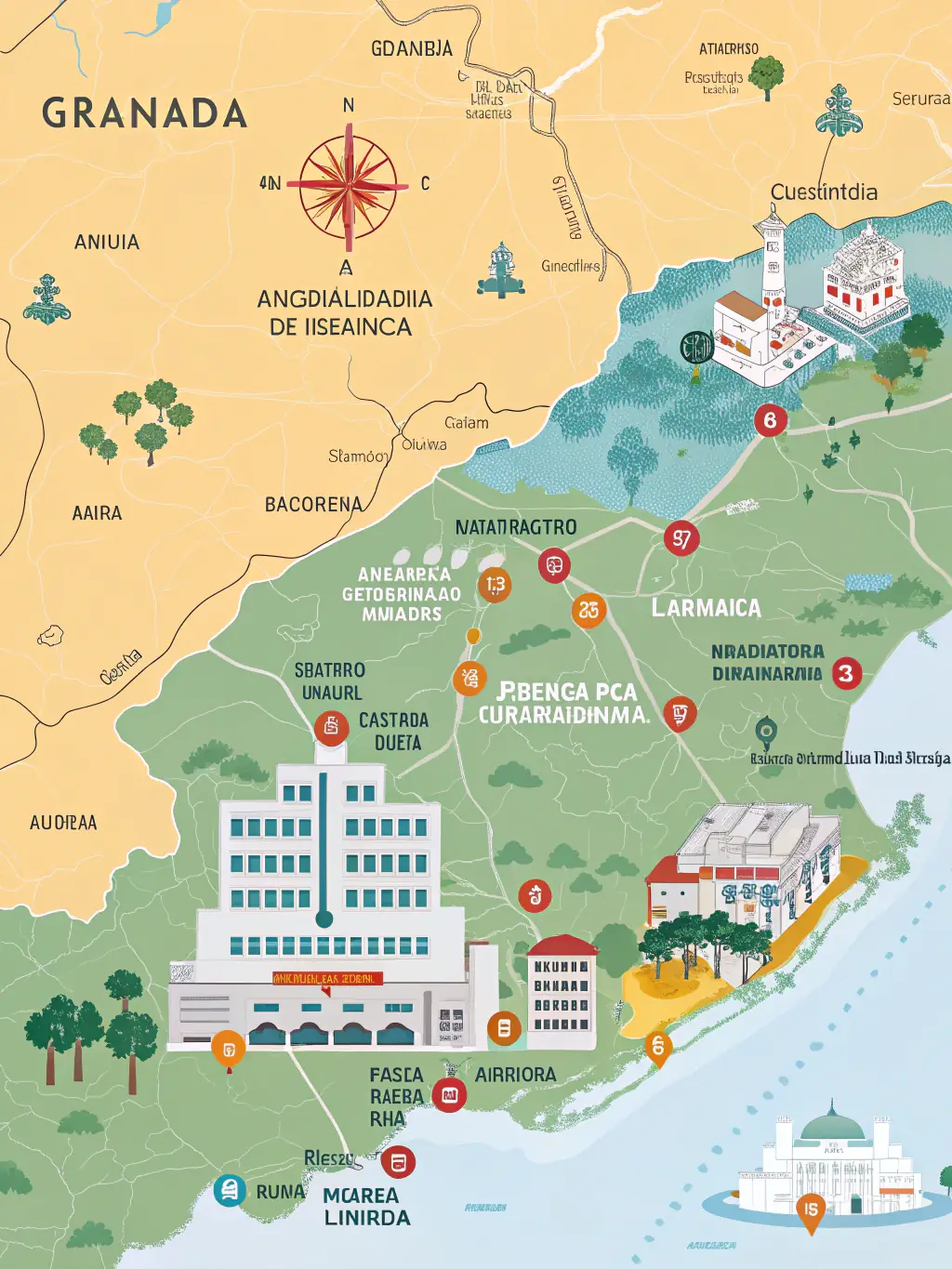 A detailed map highlighting Granada's strategic location and its advanced healthcare infrastructure within Andalusia.